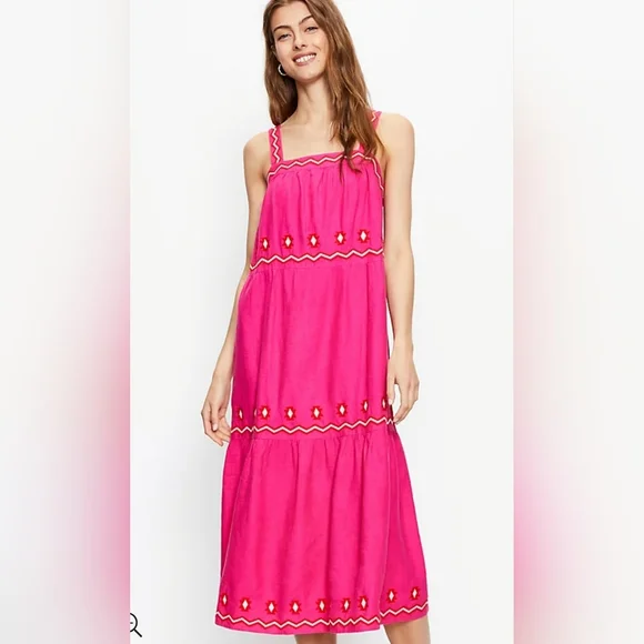 Loft Embroidered Tiered Square Neck Midi Dress Size Small Pink Flare Women's Loft Embroidered Tiered Square Neck Midi Dress Size Small Pink Flare Women's